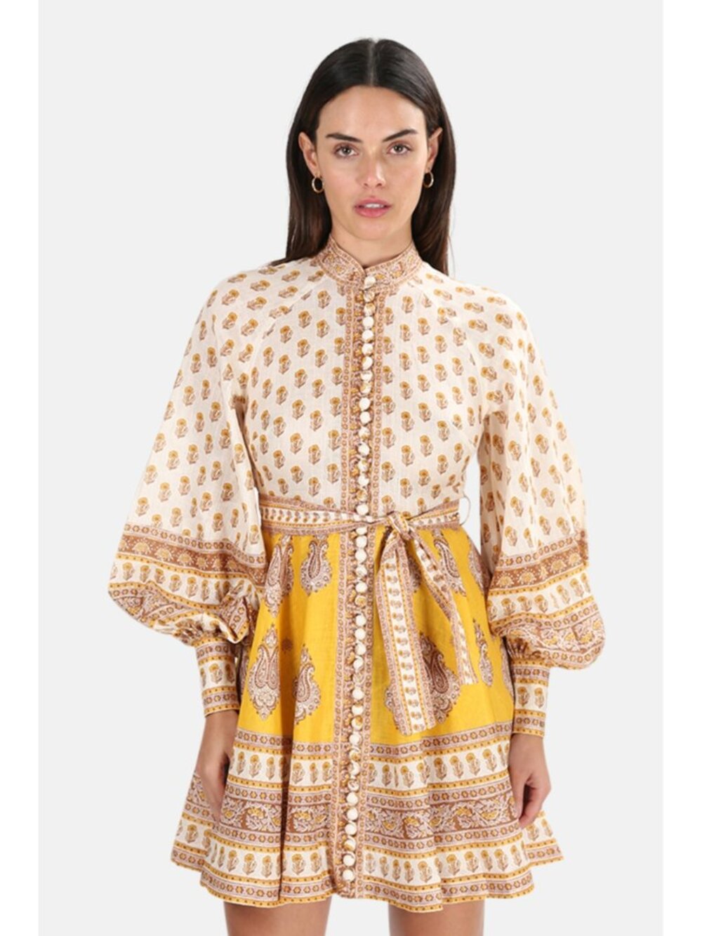 Zimmermann Bonita Buttoned Linen Mini Dress Mustard Paisley XS - Picture 4 of 13